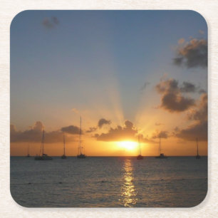 Dessous-de-verre Carré En Papier Coucher de soleil avec voiliers Paysage tropical P