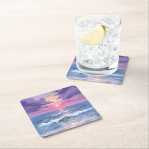 Dessous-de-verre Carré En Papier Coucher de soleil sur la plage lavande violet aqua