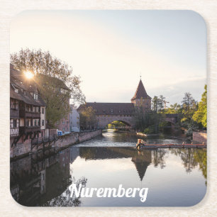 Dessous-de-verre Carré En Papier Coucher de soleil sur l'ancien pont médiéval de Nu