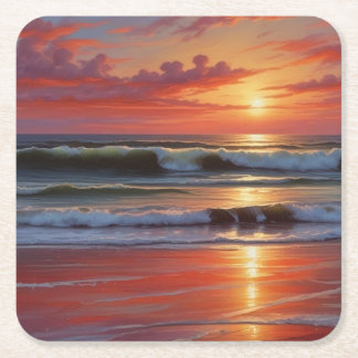 Dessous-de-verre Carré En Papier Coucher Rouge Océan Peinture de paysage marin