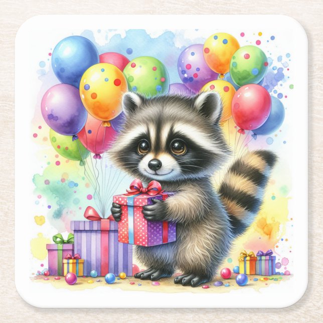 Dessous-de-verre Carré En Papier Couleur d'eau douce Raccoon de dessin (Devant)