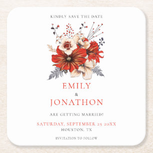 Dessous-de-verre Carré En Papier Couleur Rouge Florales Mariage Enregistrer La Date