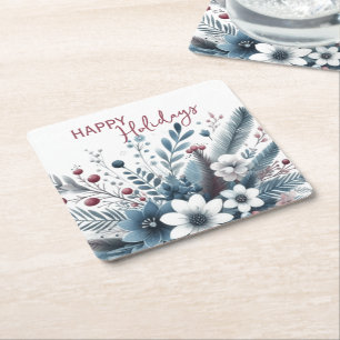 Dessous-de-verre Carré En Papier Couronne de fêtes florale sarcelle foncée bleue ro