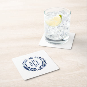 Dessous-de-verre Carré En Papier Couronne de laurier bleu personnalisée avec monogr