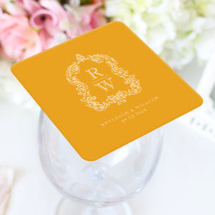 Dessous-de-verre Carré En Papier Couronne de monogramme vintage jaune souci Mariage