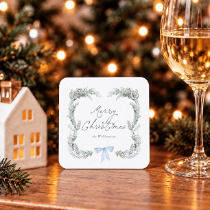 Dessous-de-verre Carré En Papier Couronne de Noël botanique au ruban bleu