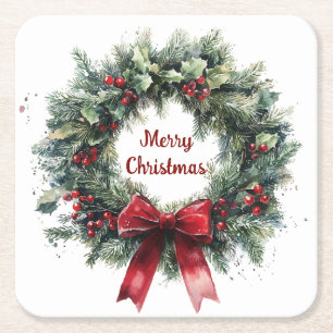 Dessous-de-verre Carré En Papier Couronne de Noël Feuilles de Houx Ruban Rouge Verd