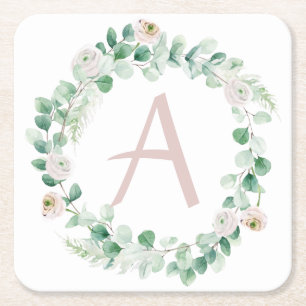 Dessous-de-verre Carré En Papier Couronne de pivoine de printemps avec lettre perso