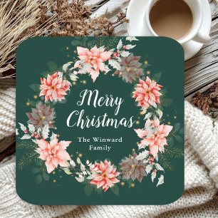 Dessous-de-verre Carré En Papier Couronne de poinsettias rouges Joyeux Noël