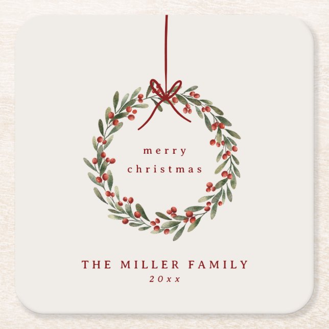 Dessous-de-verre Carré En Papier Couronne feuillage de Noël avec arc rouge (Devant)