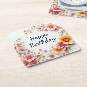 Dessous-de-verre Carré En Papier Couronne florale élégante Joyeux Anniversaire