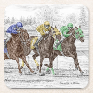 Dessous-de-verre Carré En Papier Course à trois chevaux - Cou et Cou