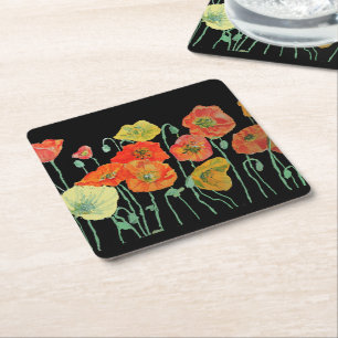 Dessous-de-verre Carré En Papier Coussin de papier fleur de pavot orange et noir