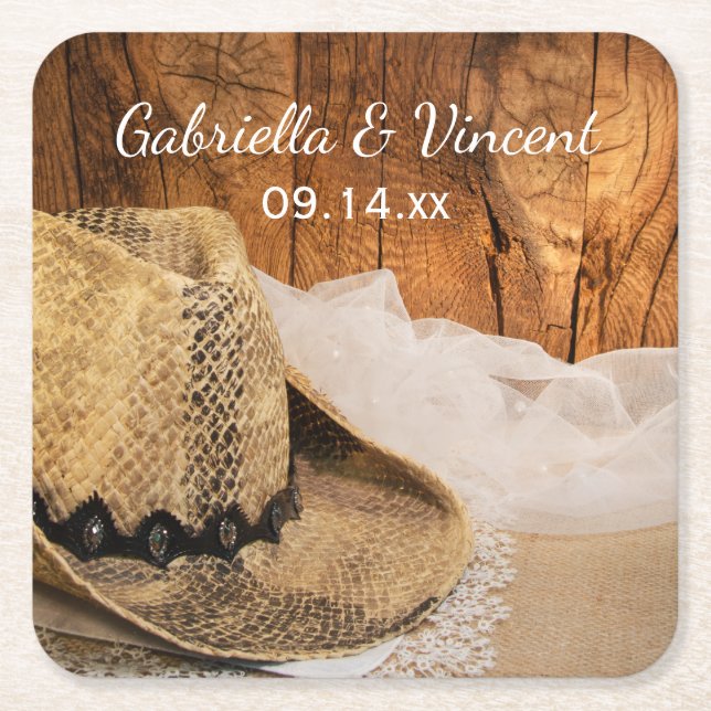 Dessous-de-verre Carré En Papier Cowboy Casquette et Barn Wood Country Western Mari (Devant)