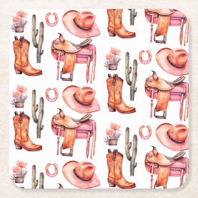 Dessous-de-verre Carré En Papier Cowgirl rose occidentale (Devant)