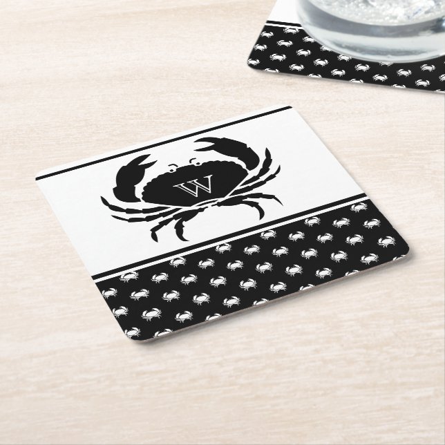 Dessous-de-verre Carré En Papier Crabe marine Monogramme noir et blanc (Incliné)