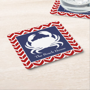 Dessous-de-verre Carré En Papier Crabe Rouge Blanc et Bleu Personnaliser Fête Nauti
