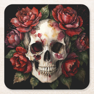 Dessous-de-verre Carré En Papier Crâne aux roses rouges