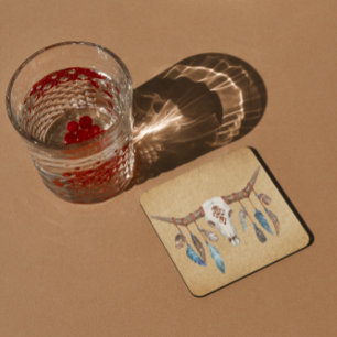 Dessous-de-verre Carré En Papier Crâne occidental aquarelle avec des plumes