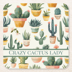 Dessous-de-verre Carré En Papier "Crazy cactus lady ! texte sur un dessin de cactus