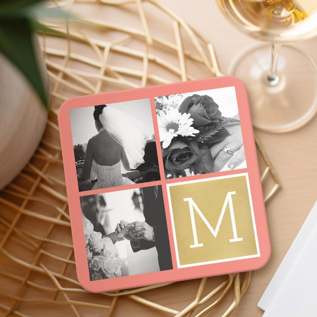 Dessous-de-verre Carré En Papier Créez Votre Propre Collage Photo De Mariage Monogr (Wedding and Anniversary Coasters - Personalize with a photo collage)