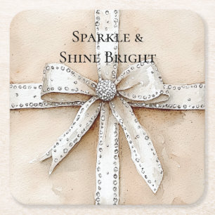 Dessous-de-verre Carré En Papier Crème Blanc Argent Glitzy Glam Bow anniversaire