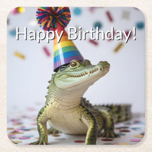 Dessous-de-verre Carré En Papier Crocodile portant un chapeau de fête d'anniversair
