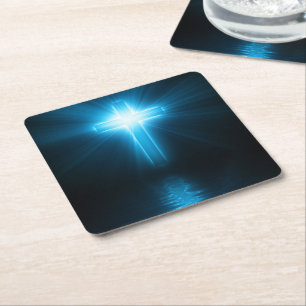 Dessous-de-verre Carré En Papier Croix chrétienne dans la lumière bleue
