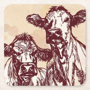 Dessous-de-verre Carré En Papier Croquis d'aspiration de main de deux vaches et cru