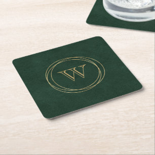 Dessous-de-verre Carré En Papier Cuir synthétique vert foncé cercles dorés monogram