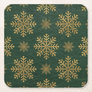 Dessous-de-verre Carré En Papier Cuir Vert Orné de Flocons de Neige en Or