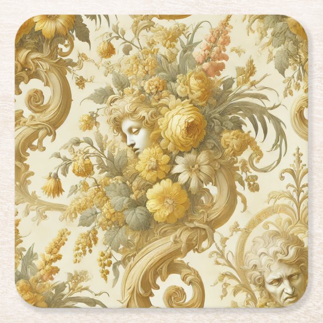 Dessous-de-verre Carré En Papier Culte d'or - Coussin floral baroque (Devant)