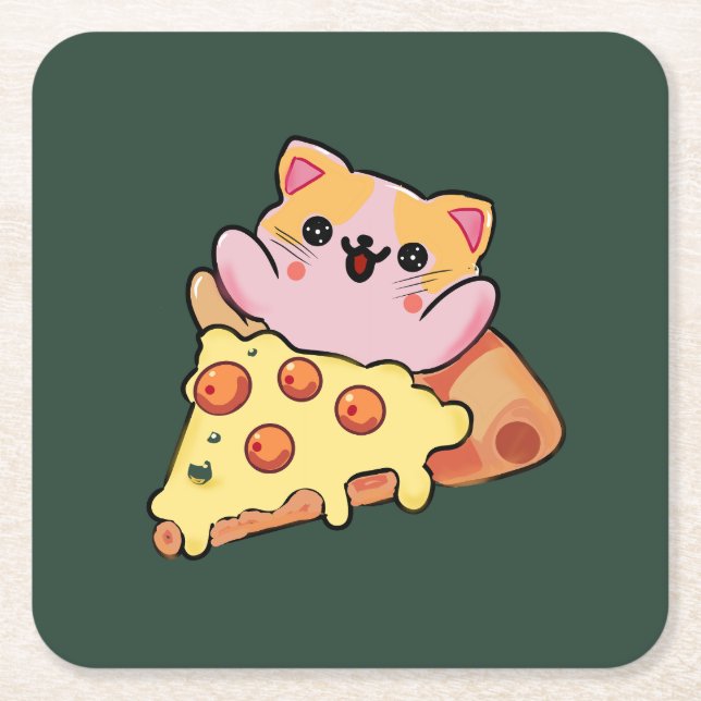 Dessous-de-verre Carré En Papier Custom Kawaii Cat Hugging Pepperoni Pizza Cartoon (Devant)