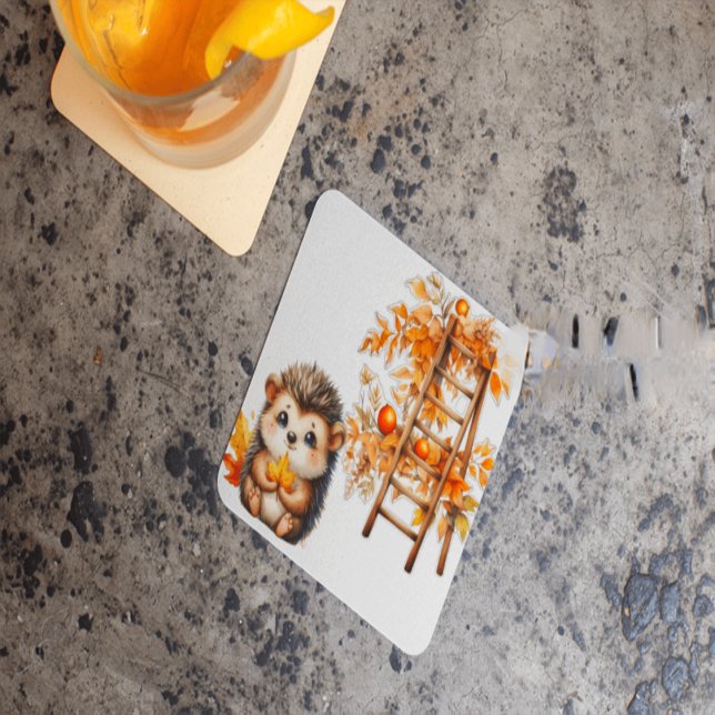 Dessous-de-verre Carré En Papier Cute Autumn Hedgehog with Harvest Ladder Illustrat (Créateur téléchargé)