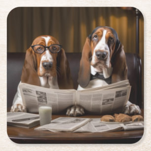 Dessous-de-verre Carré En Papier Cute basset hounds lecture des nouvelles Trivet