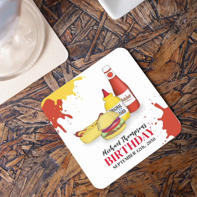 Dessous-de-verre Carré En Papier Cute BBQ fête d'anniversaire Personnalisée (Barbeque birthday party custom coaster.)