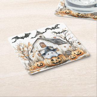 Dessous-de-verre Carré En Papier Cute blanc et orange Fantôme avec grange d'automne