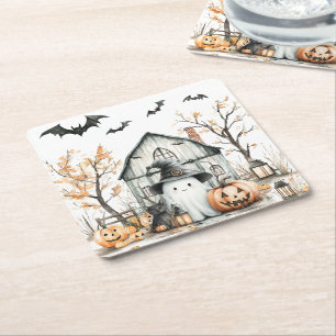 Dessous-de-verre Carré En Papier Cute blanc et orange Fantôme avec grange d'automne