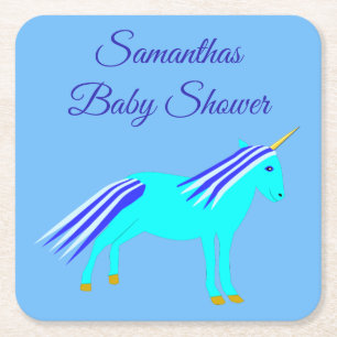 Dessous-de-verre Carré En Papier Cute Blue Baby Boy Unicorn Custom Baby shower Squa