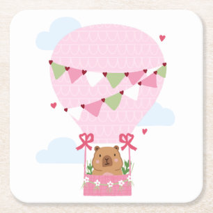 Dessous-de-verre Carré En Papier Cute Capybara Montgolfière Rose Fête d'anniversair
