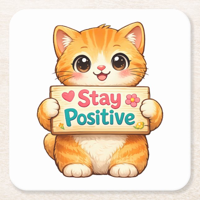Dessous-de-verre Carré En Papier Cute Cat Stay Positive Artwork (Devant)