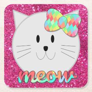 Dessous-de-verre Carré En Papier Cute chat Meow arc-en-ciel Bow rose Parties scinti