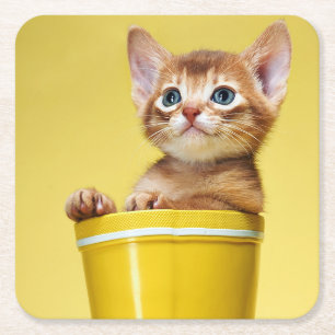 Dessous-de-verre Carré En Papier Cute chaton dans un seau jaune