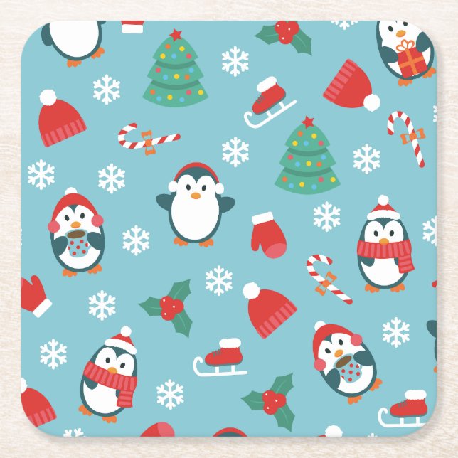 Dessous-de-verre Carré En Papier Cute Christmas Penguins Pattern (Devant)