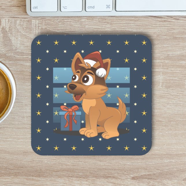 Dessous-de-verre Carré En Papier Cute German Shepherd puppy Cartoon Starry night (Créateur téléchargé)