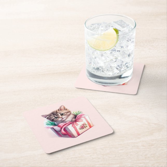 Dessous-de-verre Carré En Papier Cute Kitten dans une boîte Cadeau d'anniversaire (En situation)