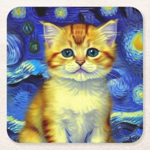 Dessous-de-verre Carré En Papier Cute Kitten Starry Night Van Gogh
