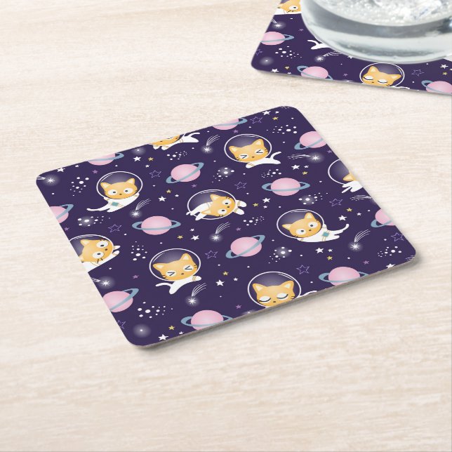 Dessous-de-verre Carré En Papier Cute Kitty Chat Astronauts Motif (Incliné)