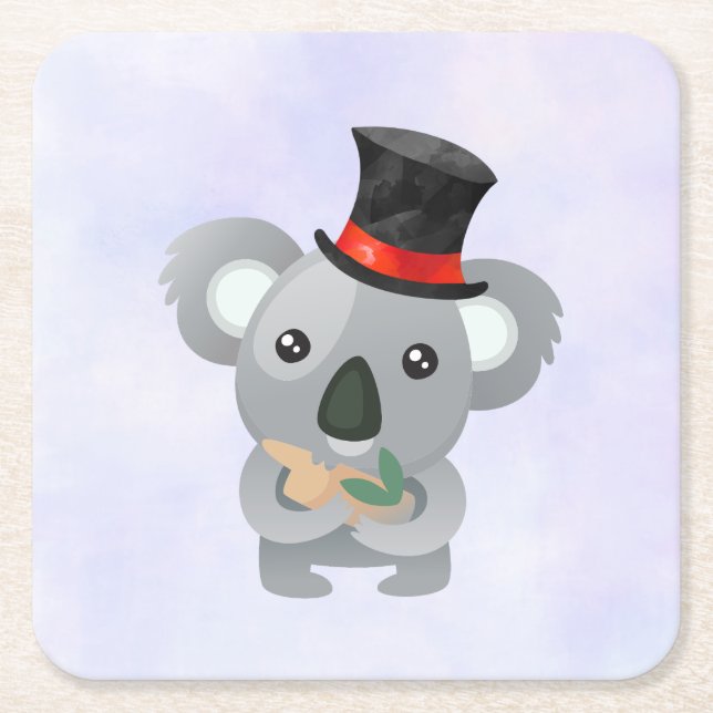 Dessous-de-verre Carré En Papier Cute Koala dans un chapeau noir (Devant)