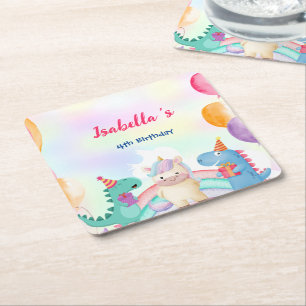 Dessous-de-verre Carré En Papier Cute Magique Rainbow Dino Unicorn Anniversaire